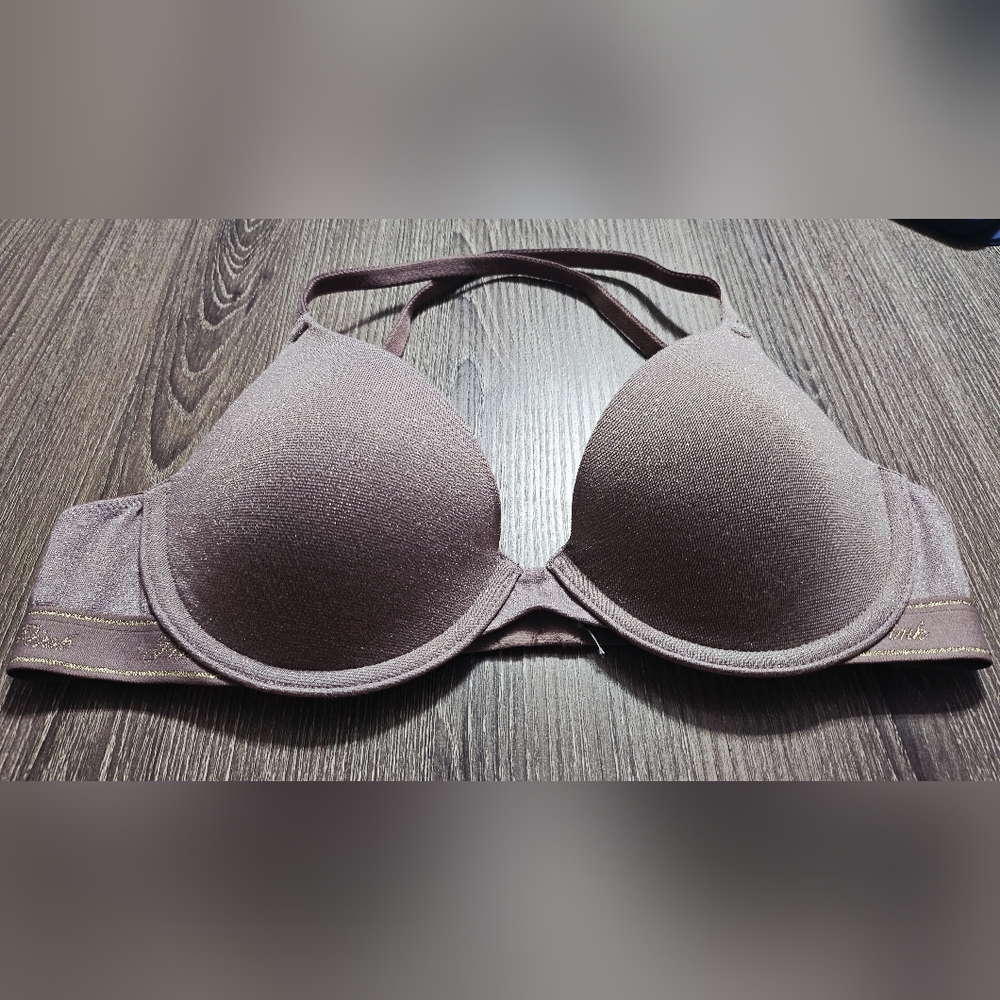 VS PINK wear everywhere wire push up bra sparkle knit iced coffee size 32B